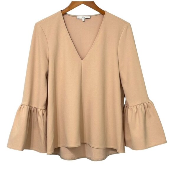 Tibi V-Neck Blouse Long Bell Sleeves Neutral Beige Crepe Modern Top Flowy Size S - Picture 1 of 8